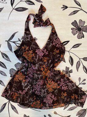 Vintage Y2K Brown Floral Halter Top Made in USA Size Medium Brand "Wild Cat"